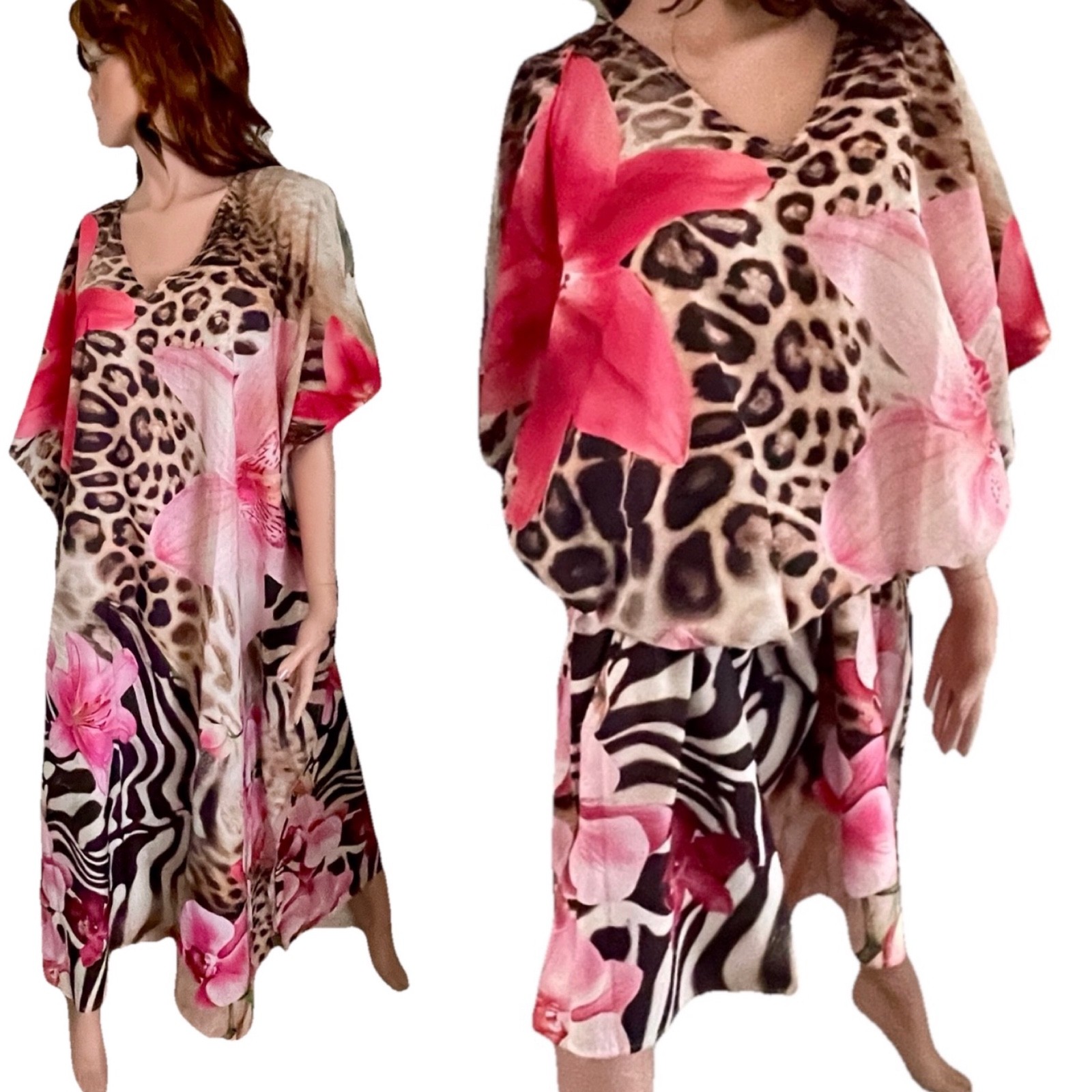 GYPSIE BLU NWT Leopard ZEBRA and TROPICAL FLORAL Digital Print CAFTAN Dress O/S