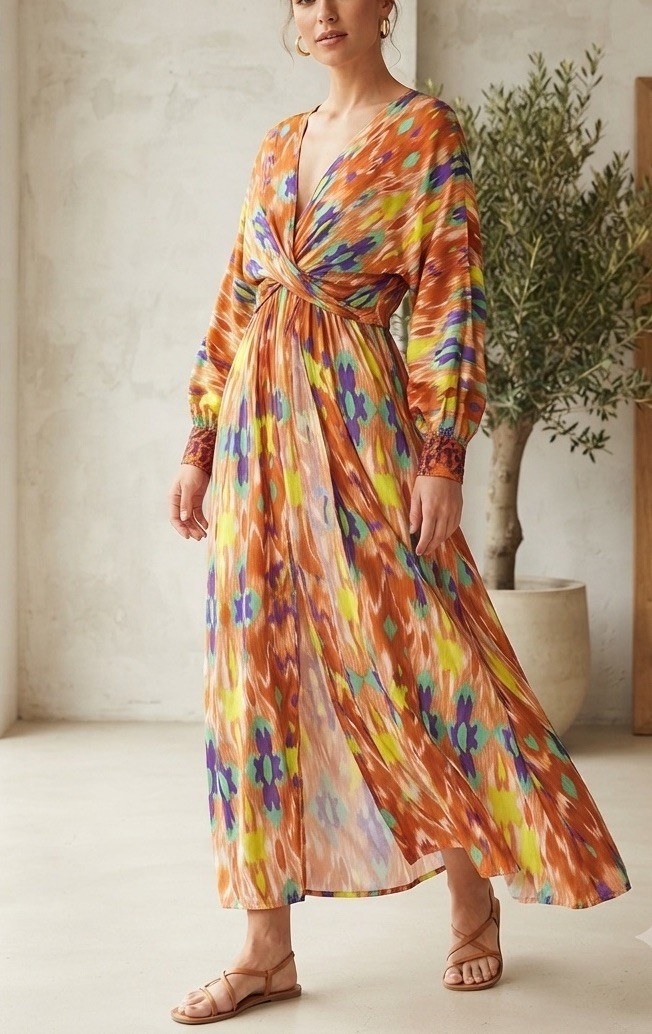 Italian Boho Maxi Dress, Vibrant Ikat Print, Viscose, Deep V-Neck, Size S-M-L