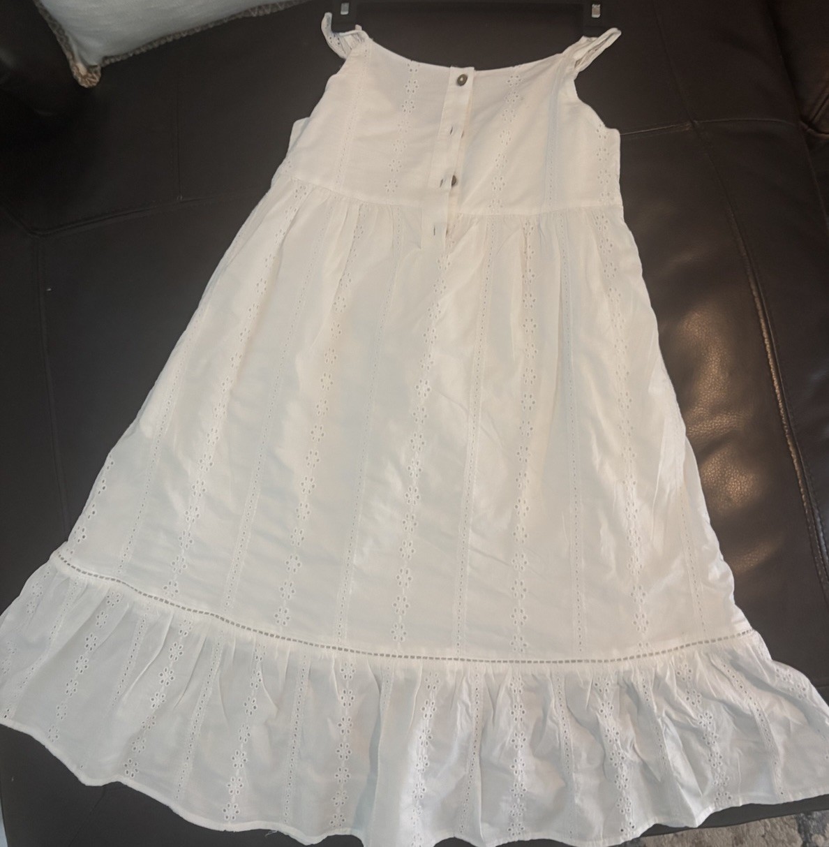 White Eyelet Sundress L Midi Square Neck Strappy Sleeveless Button Ruffle Hem