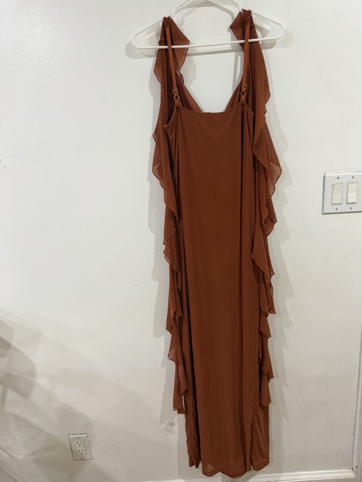 PrettyGarden Brown Solid Cowl Neck Ruffle Adjustable Strap Midi Dress Size L