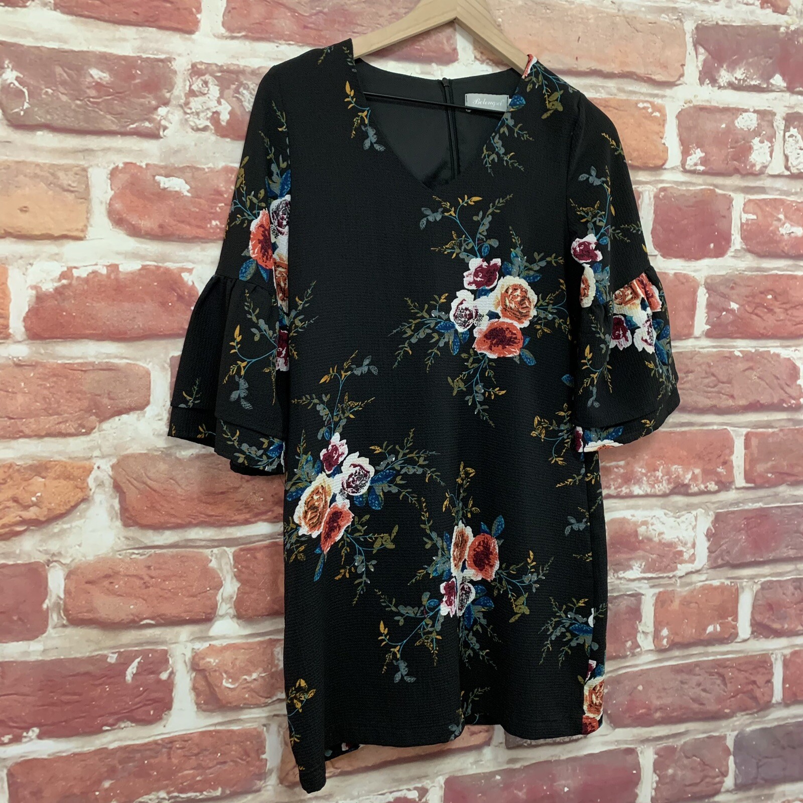 Belongsci Dress Womens Small Black Multicolor Floral Tiered Sleeve Zip Up