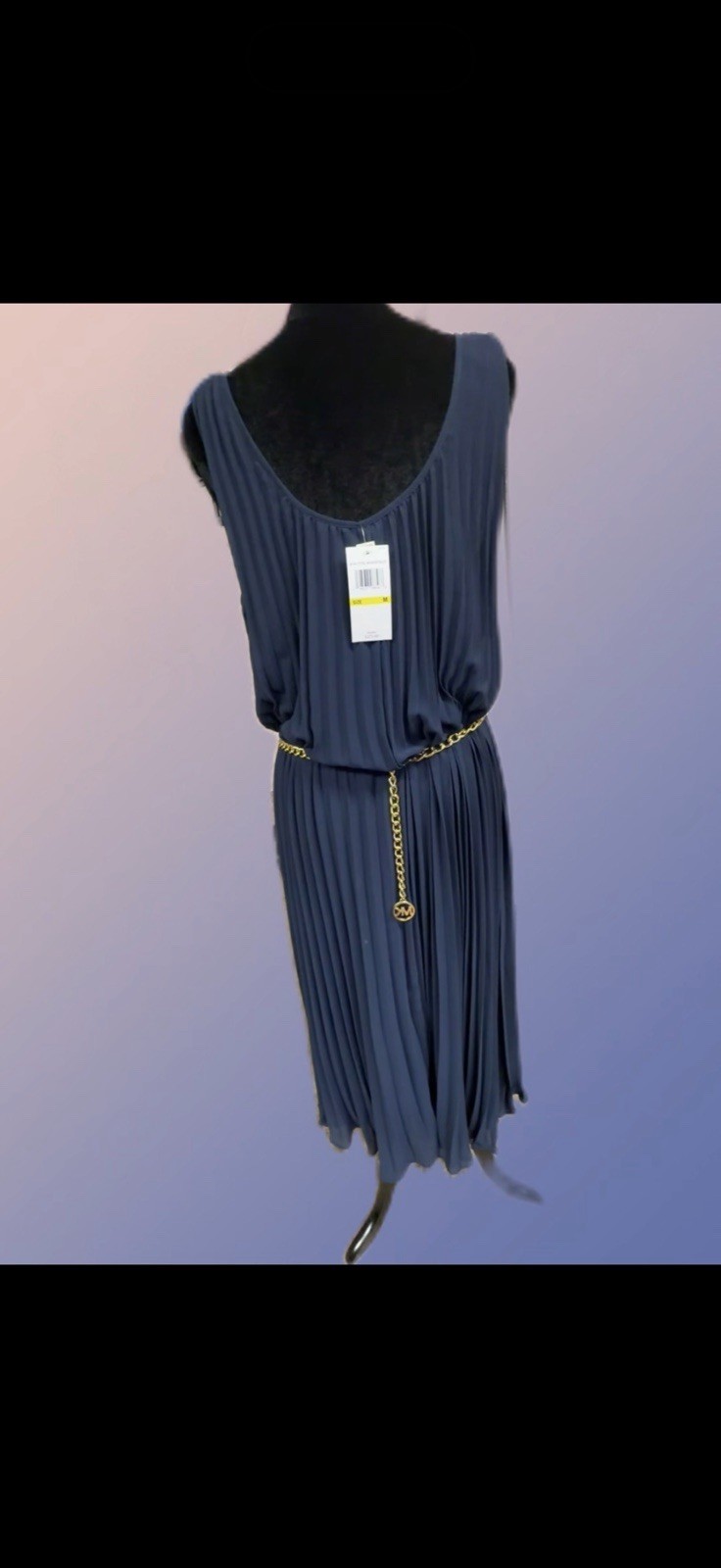 Michael Kors Blue Pleated Belted Overall Dress M Sleeveless Scoop Neck