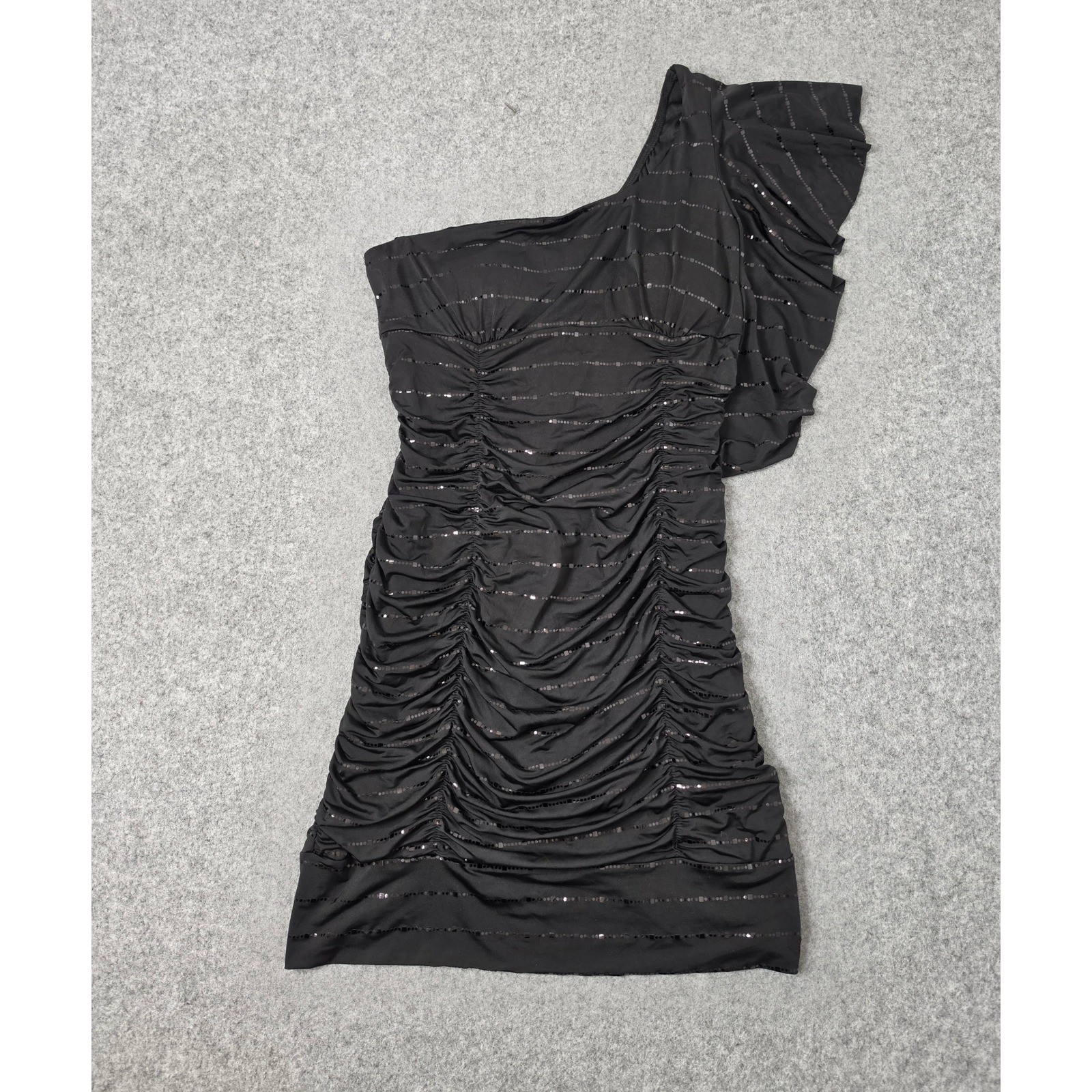 VTG Taboo One Shoulder Ruched Sequin Stripe Mini Dress Women XL Black Lined 90s