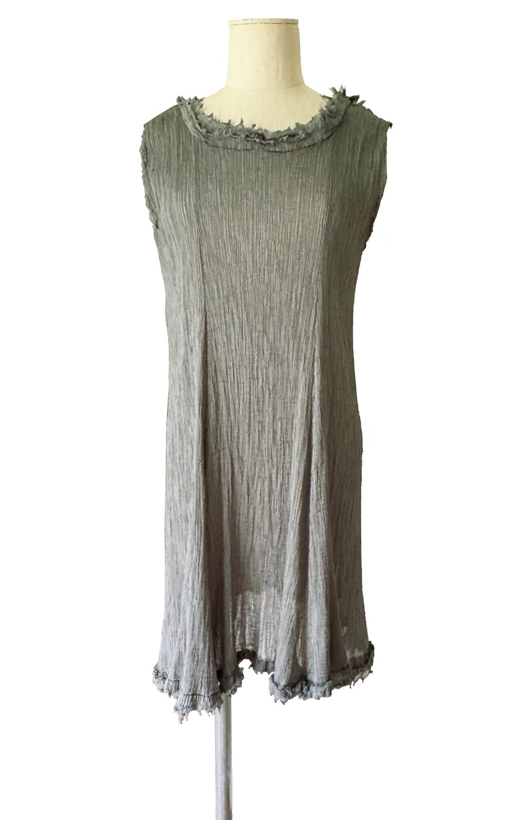 ISSEY MIYAKE CAULIFLOWER Sleeveless Trapeze Dress Fine Pleats Greenish Grey OS