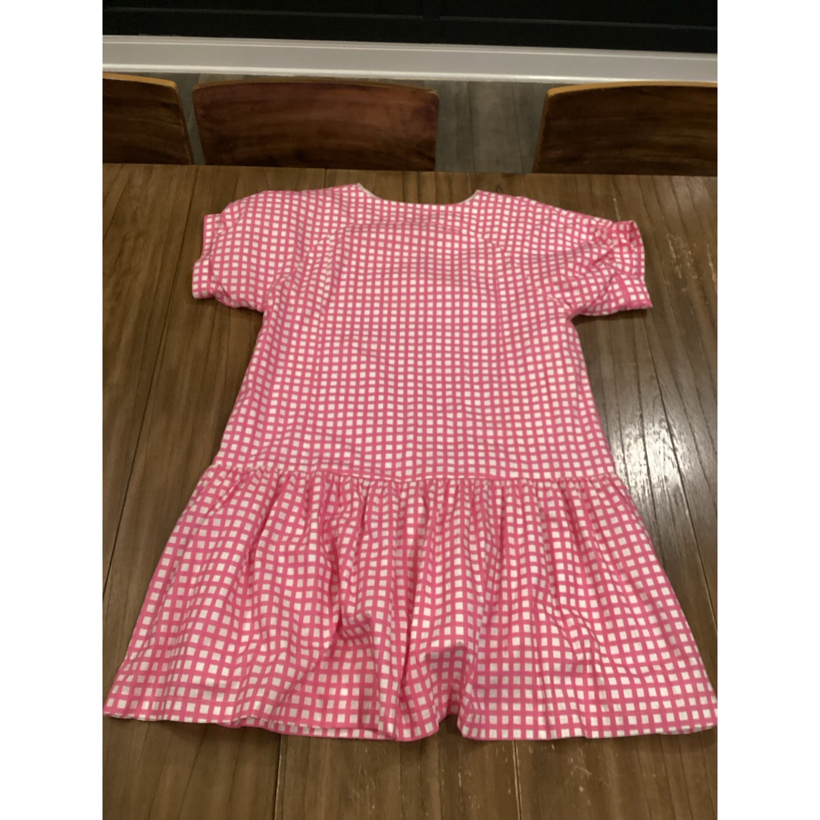 Brooke Wright lucy tiny pink check mini Dress Short Sleeve cotton linen ruffle L