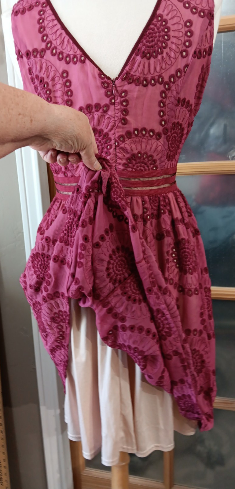 RYU Dress Fit Flare Crochet Cutout Lined Wine Boho Cottage Festival Sz L Knee