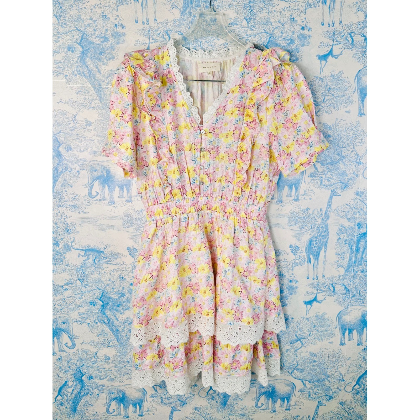 Melloday Floral Eyelet Lace Tiered Mini Dress Pink Yellow Cottagecore Medium