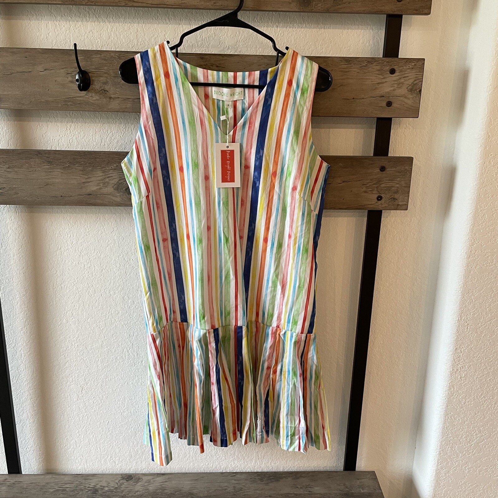 NWT Brooke Wright Designs Rainbow Stripe Dress Pleated Skirt Drop Waist Shift M