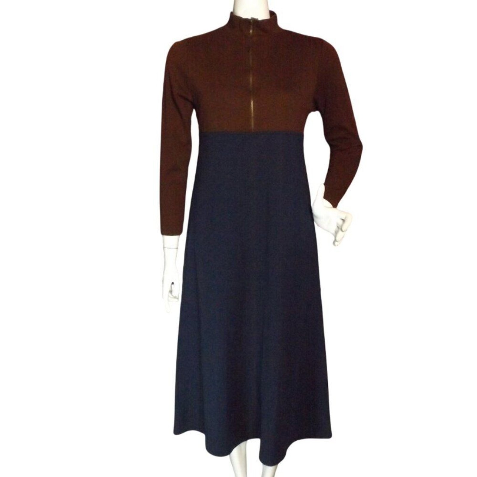 DIANE VON FURSTENBERG Dress, S, Blue/Brown, 3/4 sleeves, Midi, Zipper, Vintage