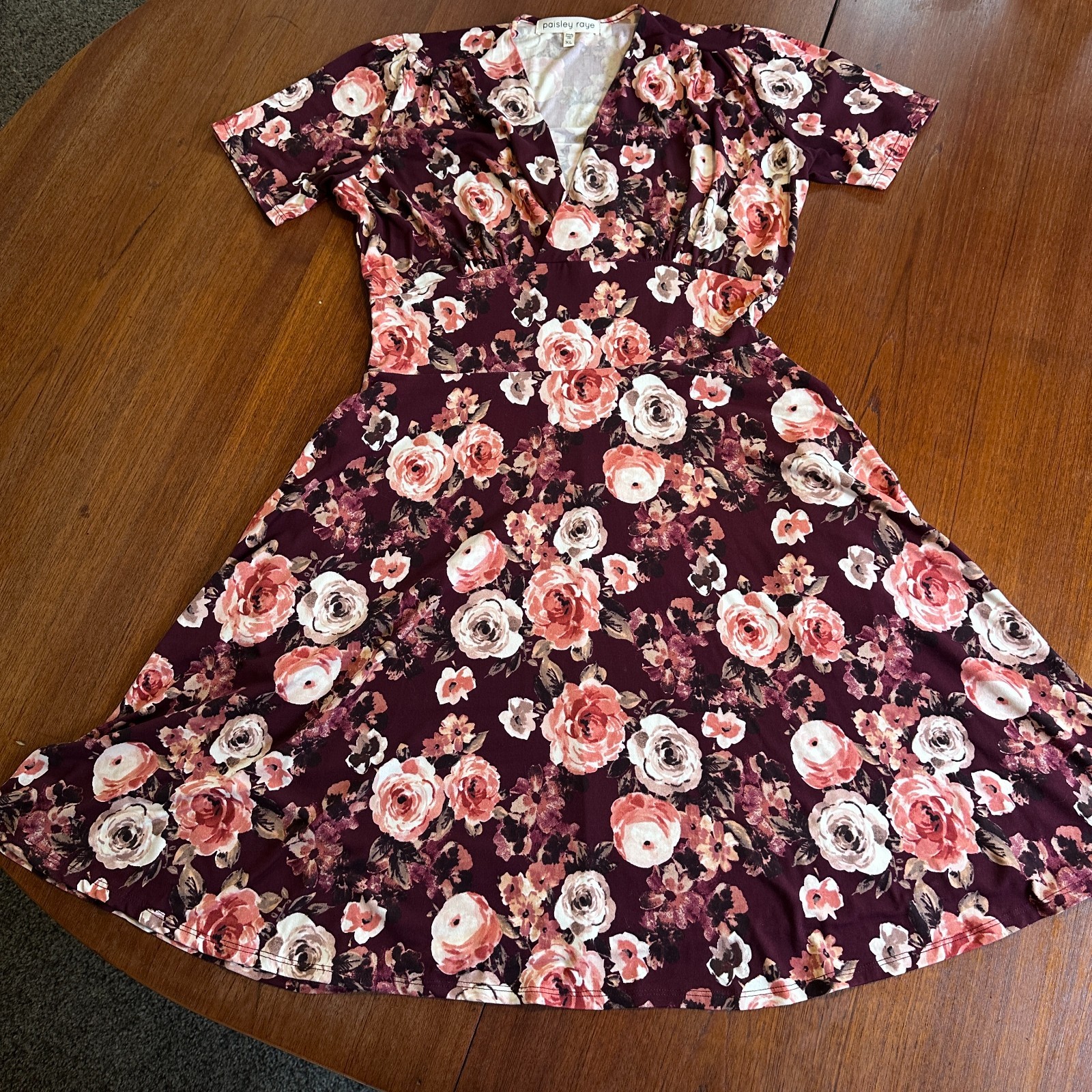 Paisley Raye Wine Pink Floral Scoop Neck XL Flare Dress Boho Wedding Event