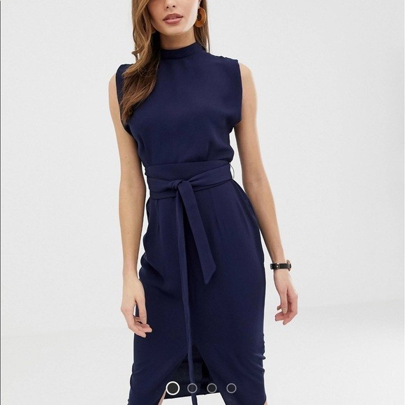 Asos Dress 4 Navy blue Midi obi Belted split cap Sleeve Knee Length chiffon sexy