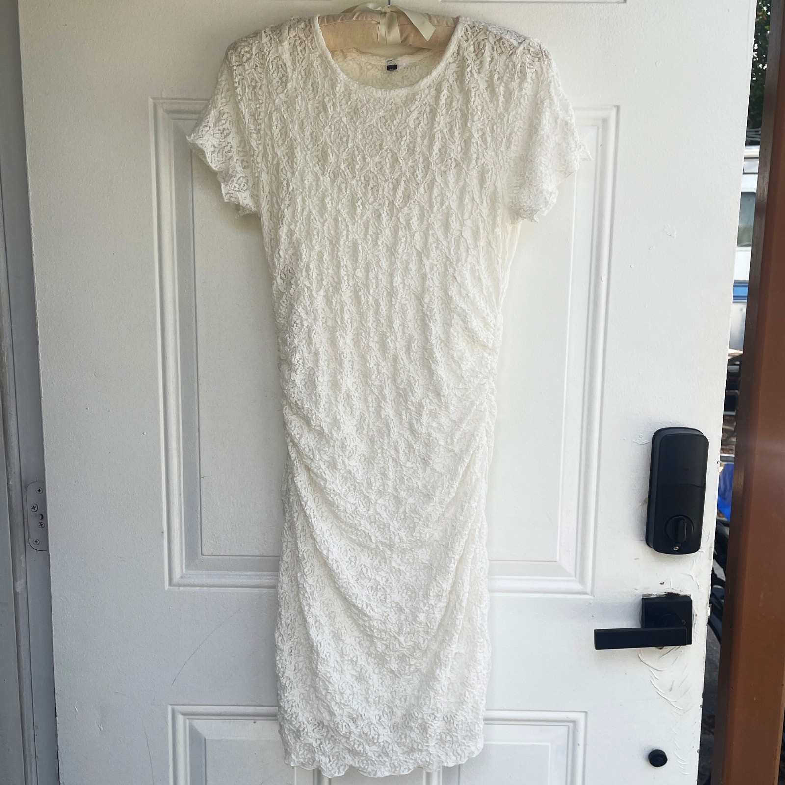 H&M White Lace Ruched Midi Dress with Removable Slip Dress Short Sleeve Size M
