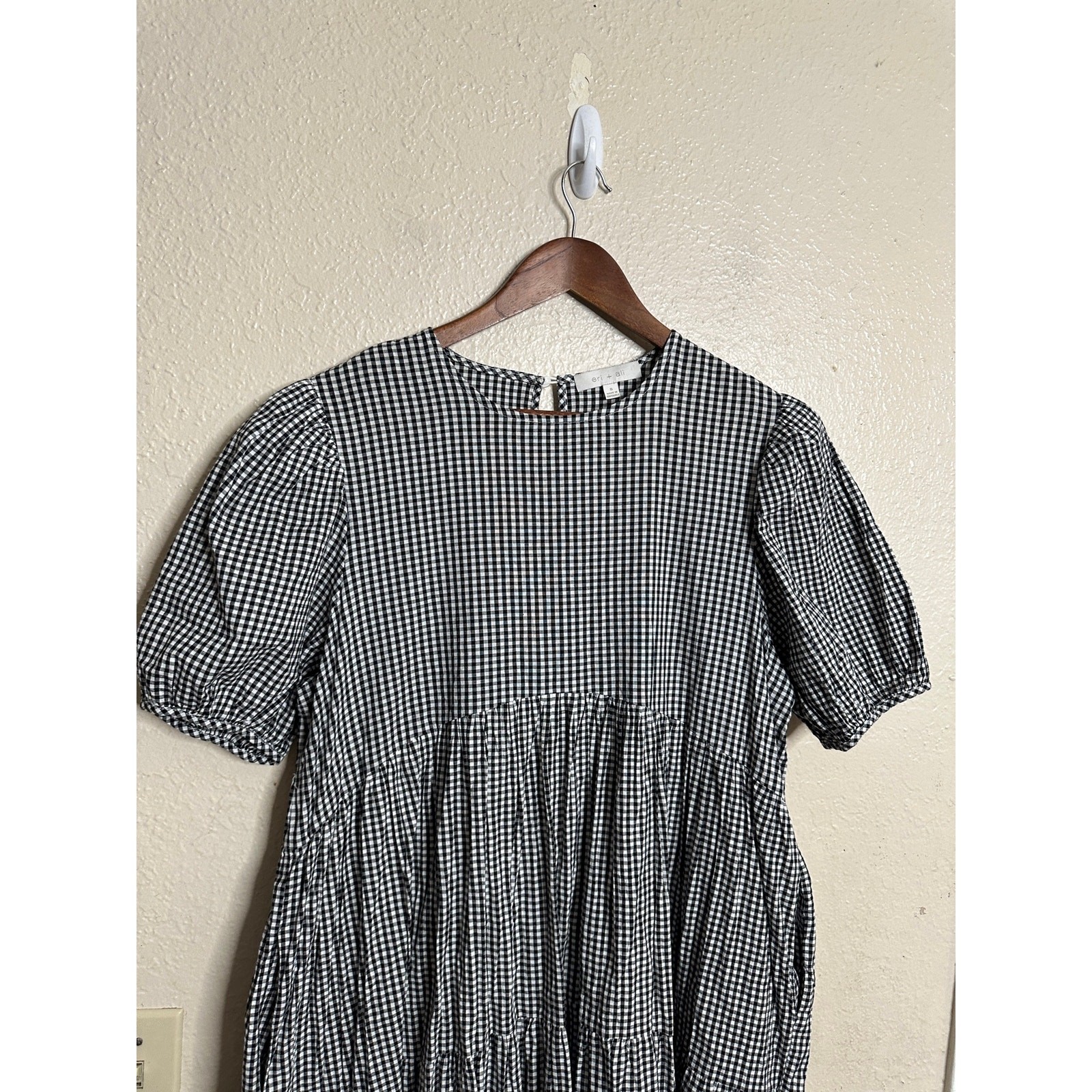 Eri + Ali Evaline Maxi Dress size S Black White Gingham Tiered Puff Sleeve