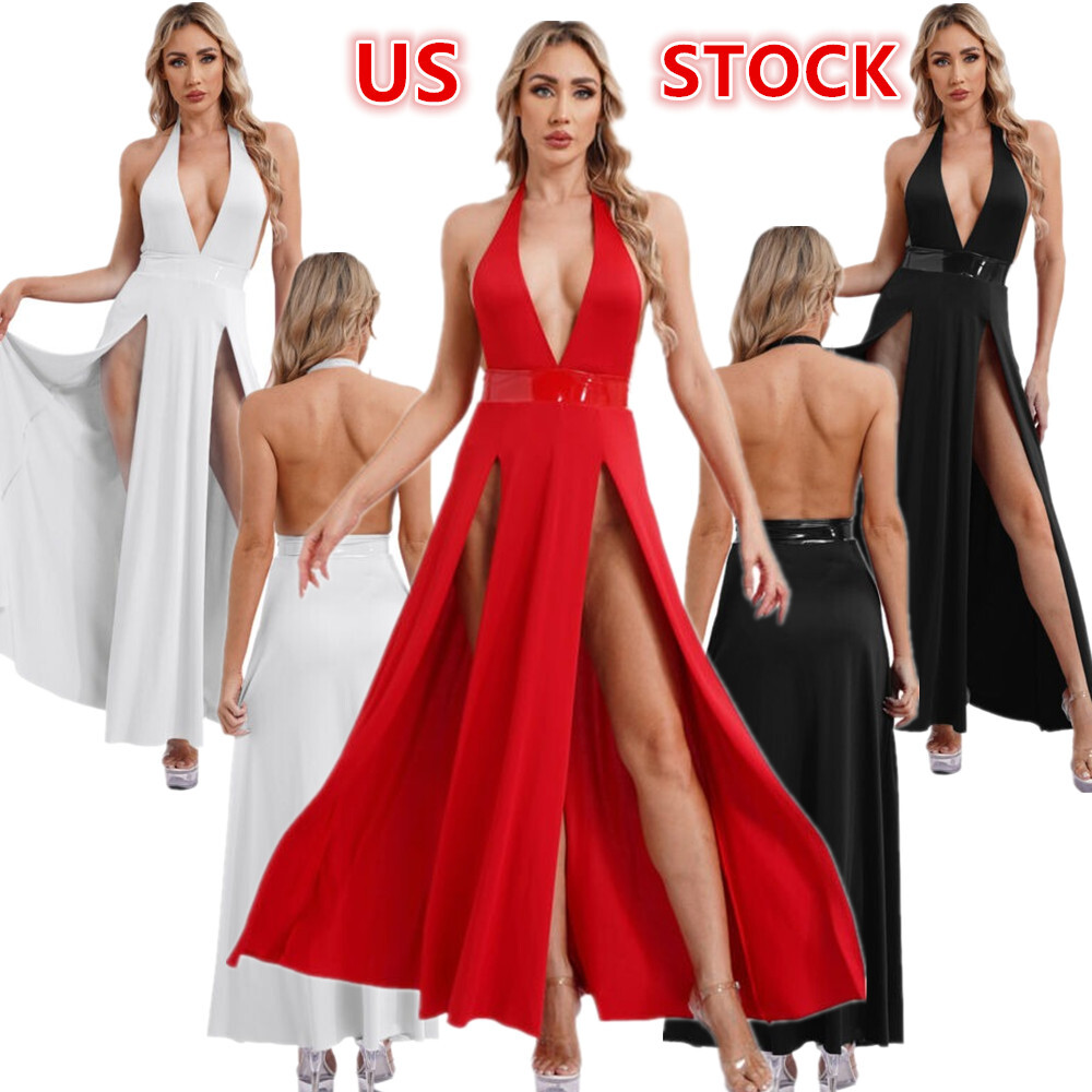 US Women Deep V Neck High Split Nightclub Dress Halter Maxi Cocktail Party Dress