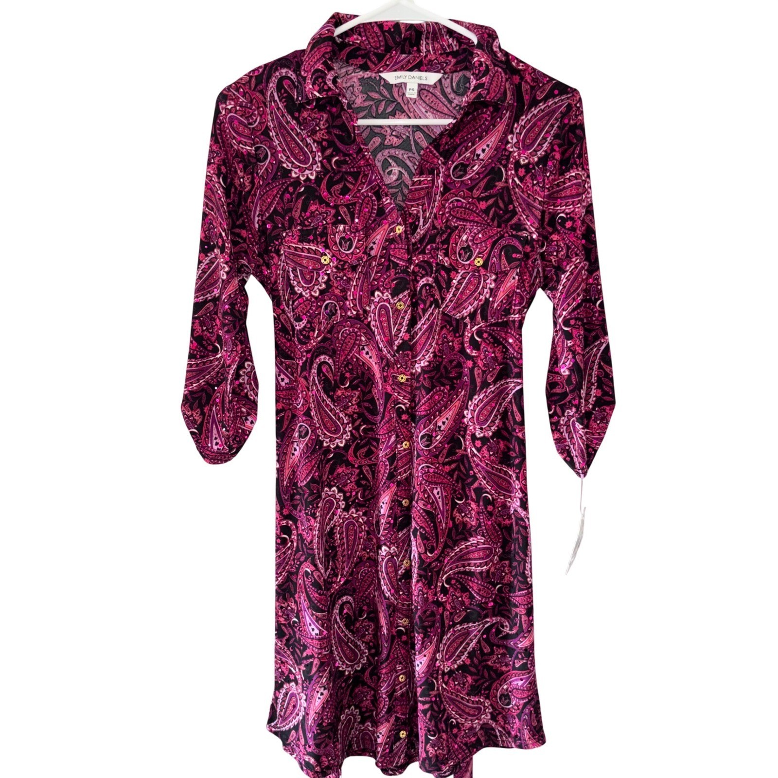 NWT Emily Daniels Petite Small Pink Paisley Sequin Button Front Shirt Dress