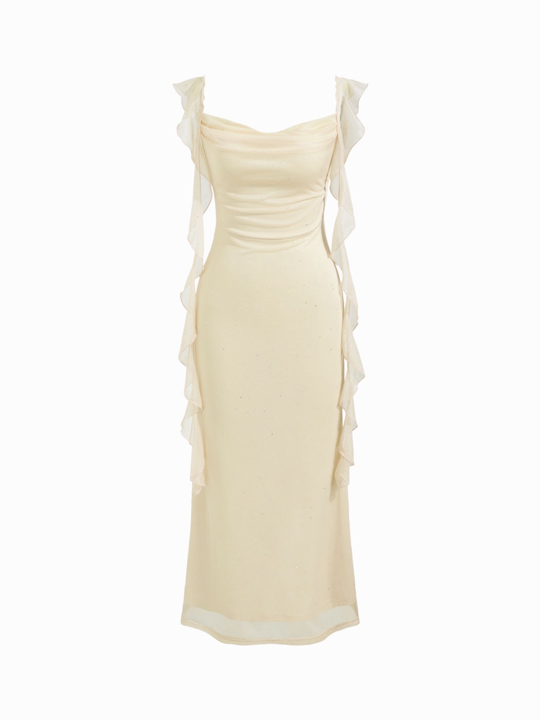 Cowl Neck Solid Glitter Ruffle Hem Maxi Dress