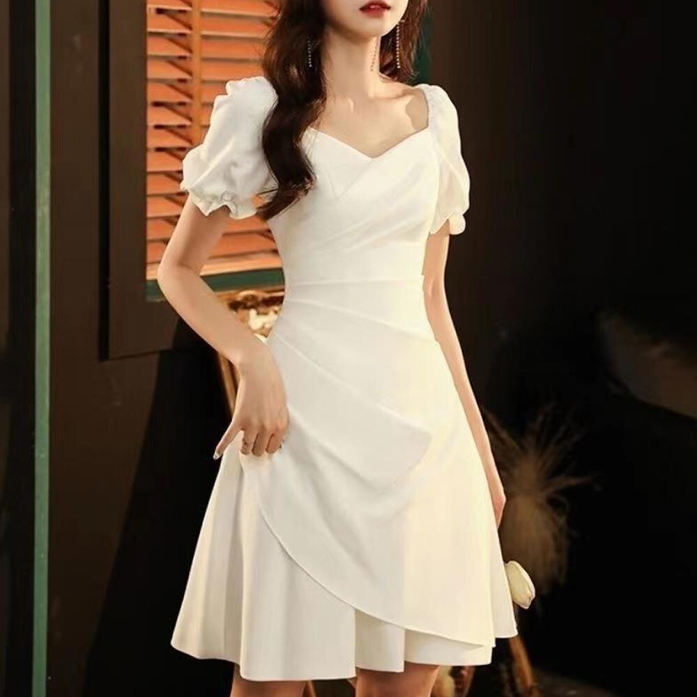 Dress Outdoor French Retro Puff Sleeves Temperament Waist Skirt V Neck