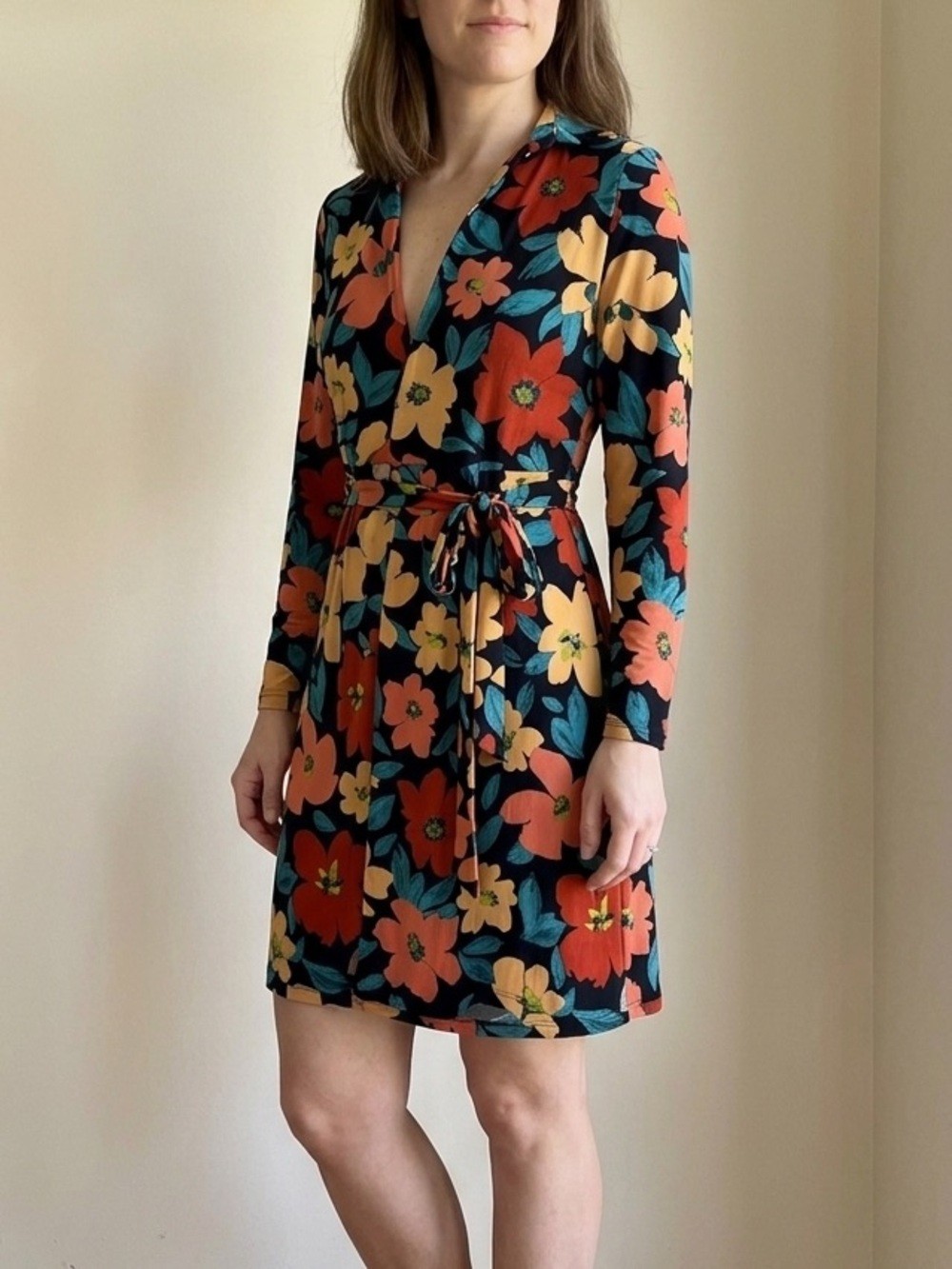 Donna Morgan Floral Faux Wrap Dress Long Sleeve Collared Black Multi Size 2 NWT