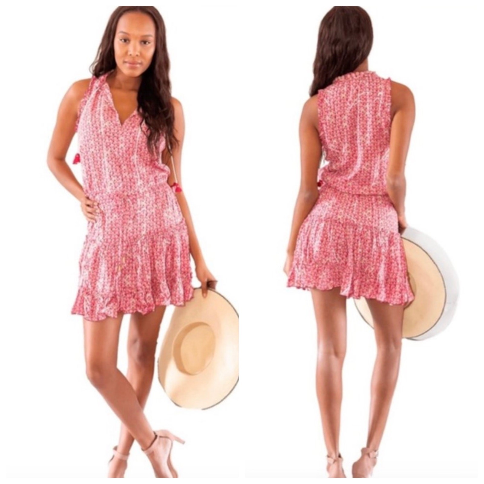 Poupette St Barth Clara Mini Dress Pink Floral Pom Tassel Resort Beach Ruffle XS
