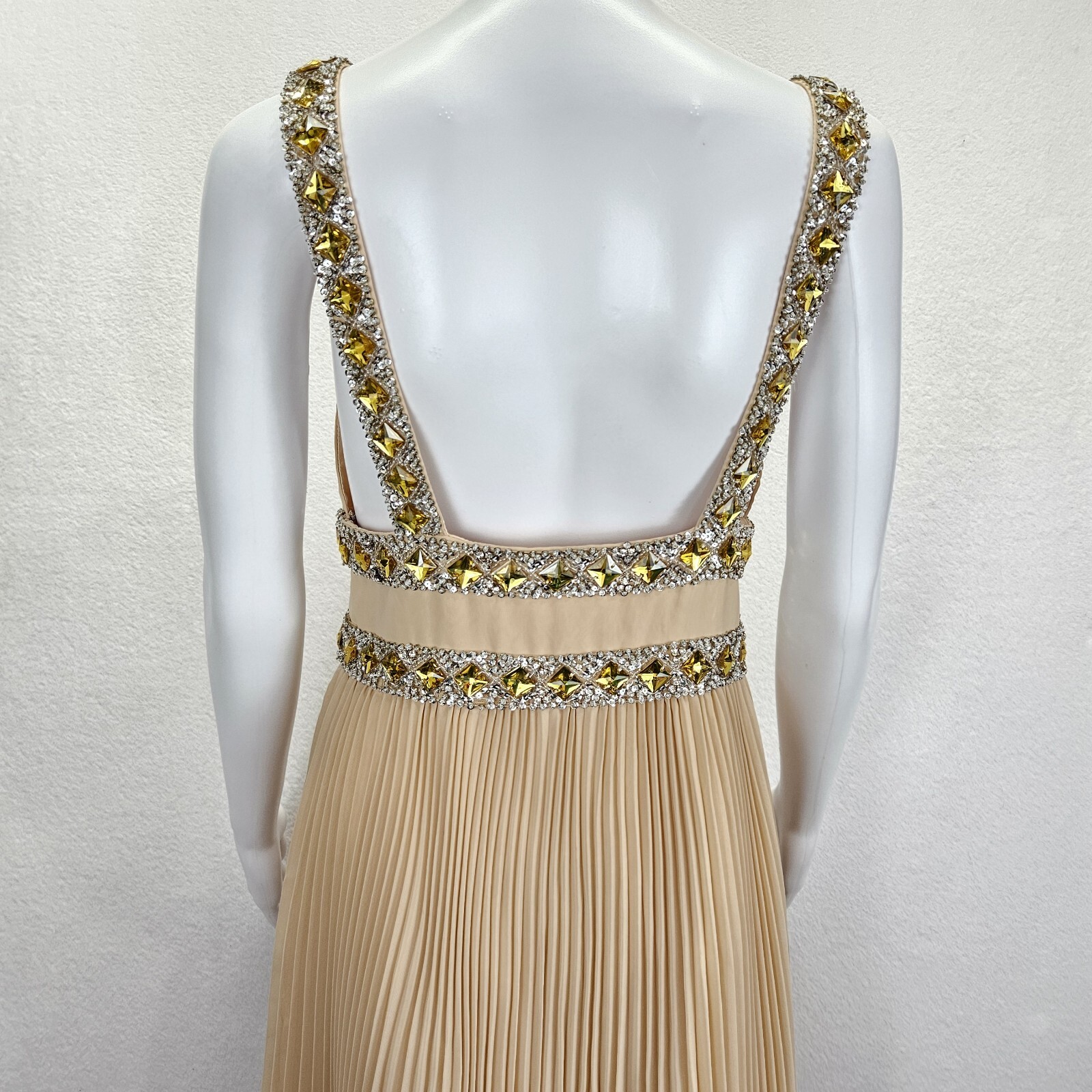 Basix Black Label Dress 6 Beige Pleated Rhinestone Cocktail Evening Prom