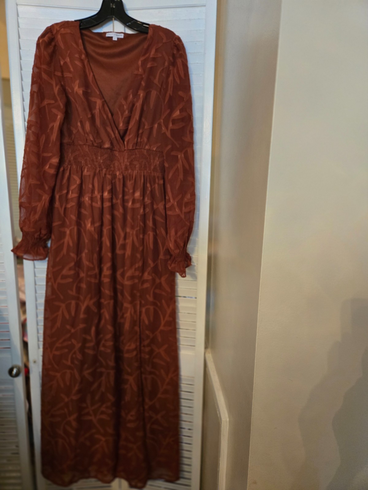 Baltic Born Bridget Textured Maxi Dress L Rust Long Sleeve Boho Formal Slit