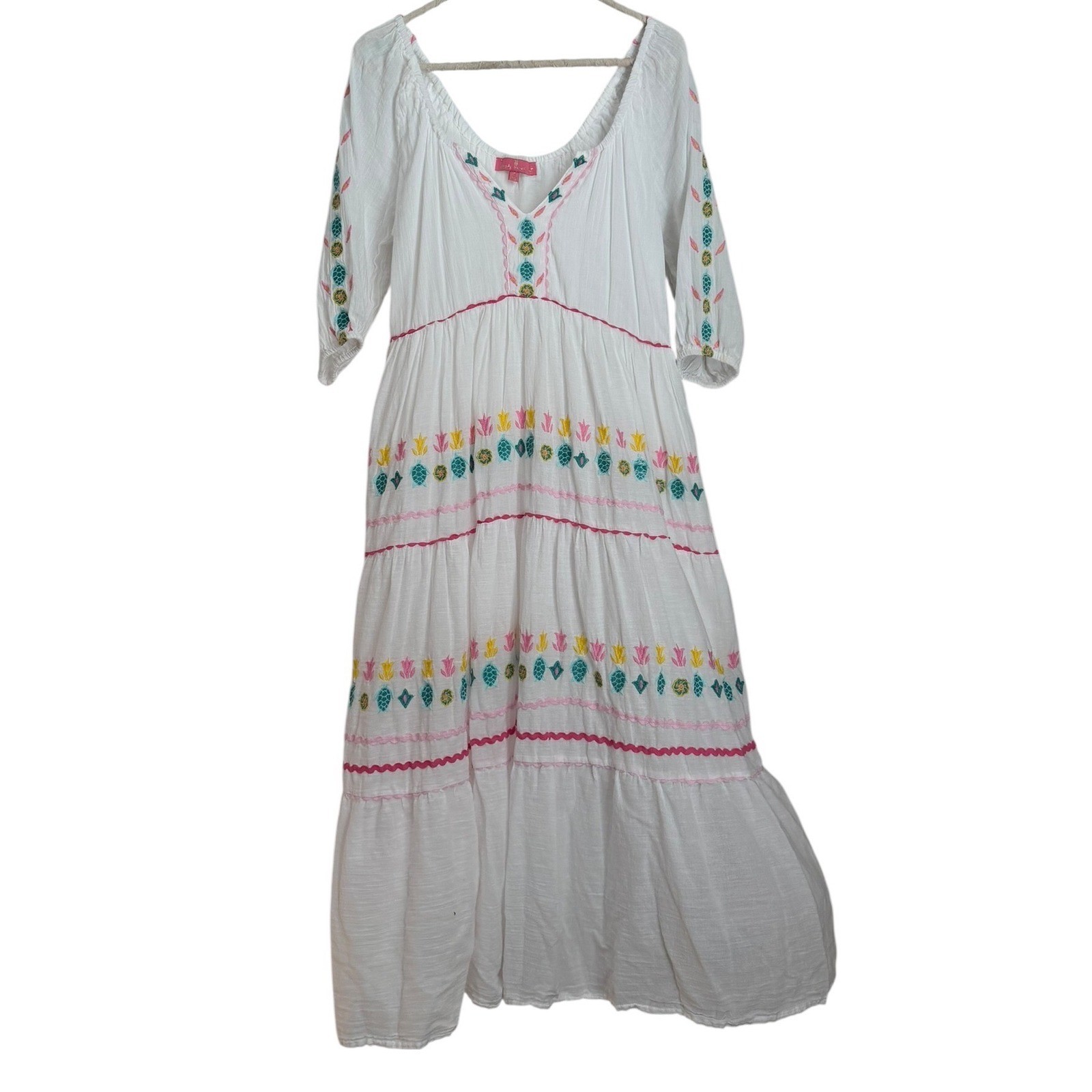 Simply Southern Embroidered Boho Peasant Dress White Cotton Cottagecore Beach S