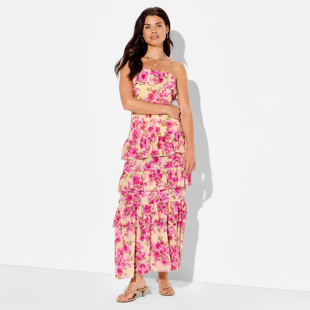 Women Flounce Tiered Maxi A-Line Dress – Wild Fable Yellow Floral M