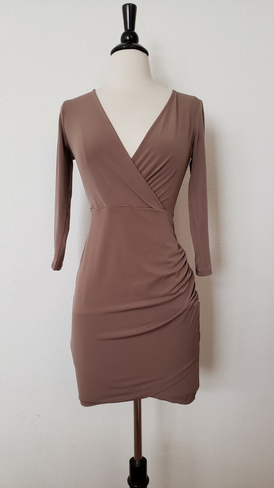 Anthropologie Dress New Size Small Bodycon Taupe Beige Ruche Short Surplice Sexy