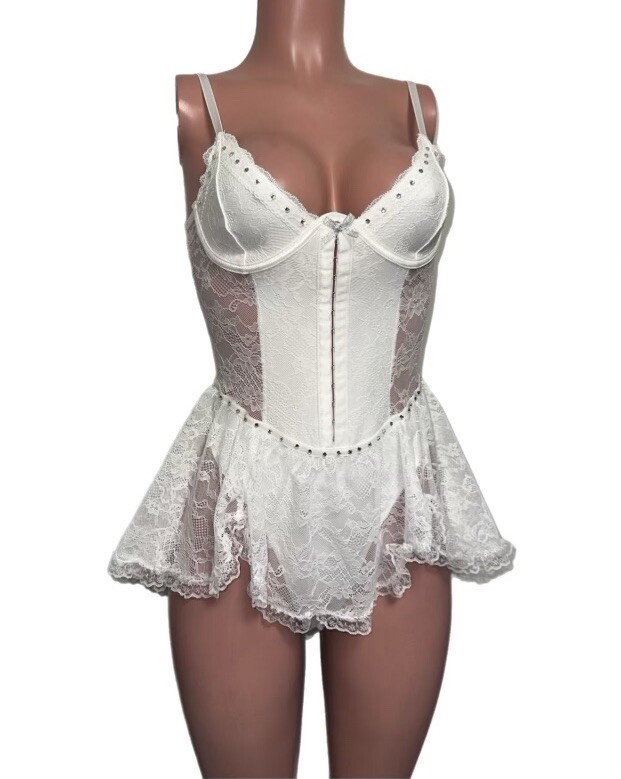 White angel Fairy Stones strapless Good Witch Lace tutu dress cosplay Party RAVE