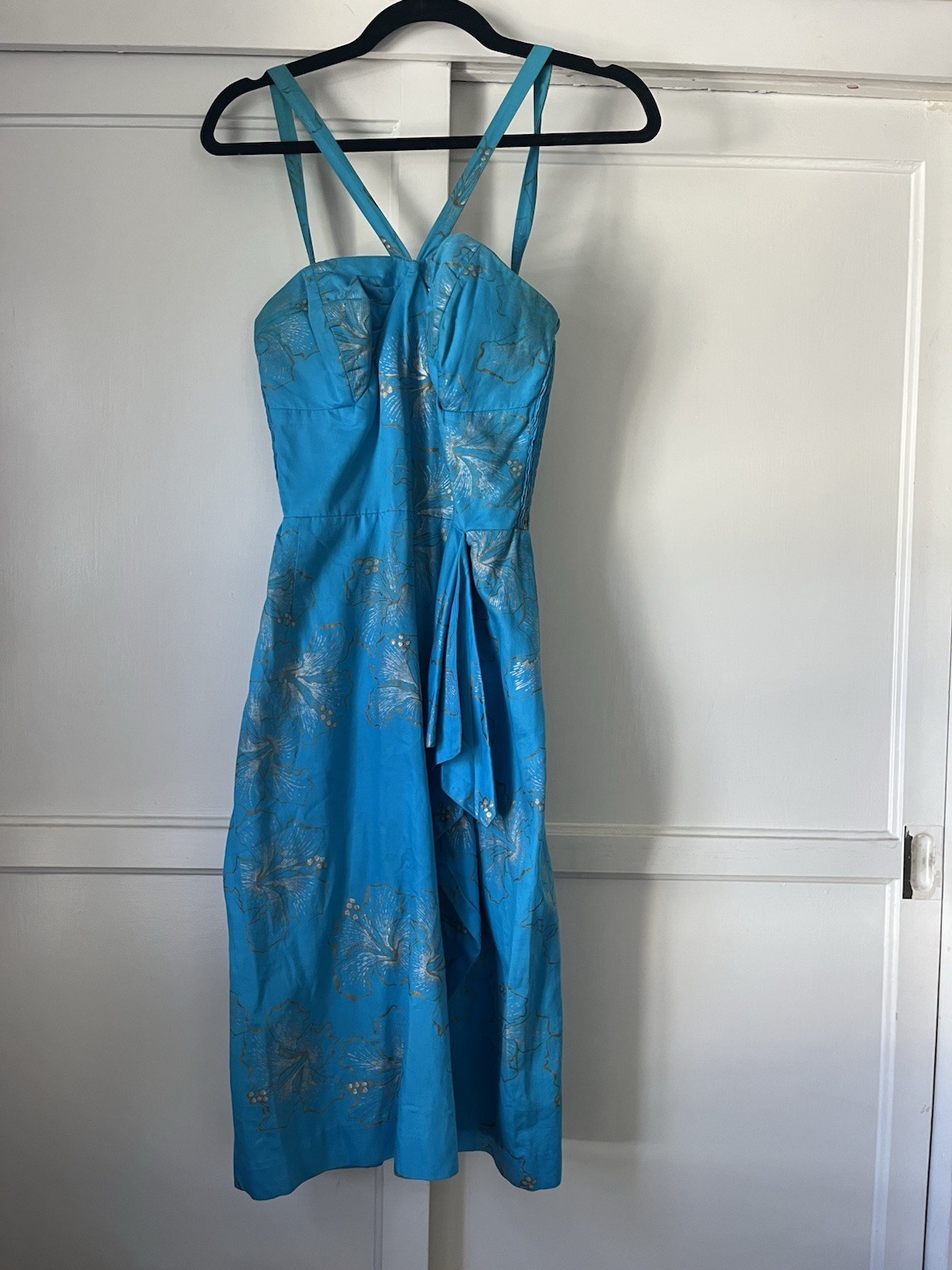 Alfred Shaheen Honolulu Blue/Gold Tiki Sarong Cocktail Dress 26W