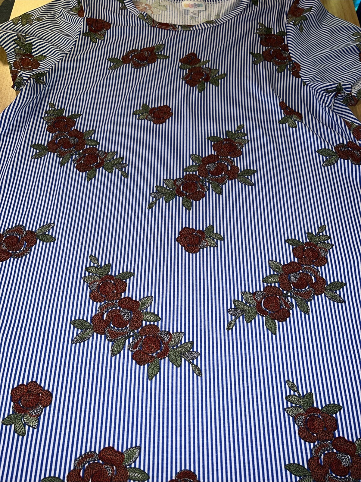 Lularoe Jessie Dress Blue White Stripe Red Roses Pockets 🦄 Large 14/16 12 New L