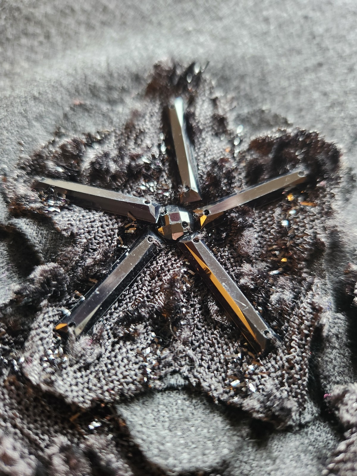 PORT International black wool blend and shimmering fabric appliqué handwork 12