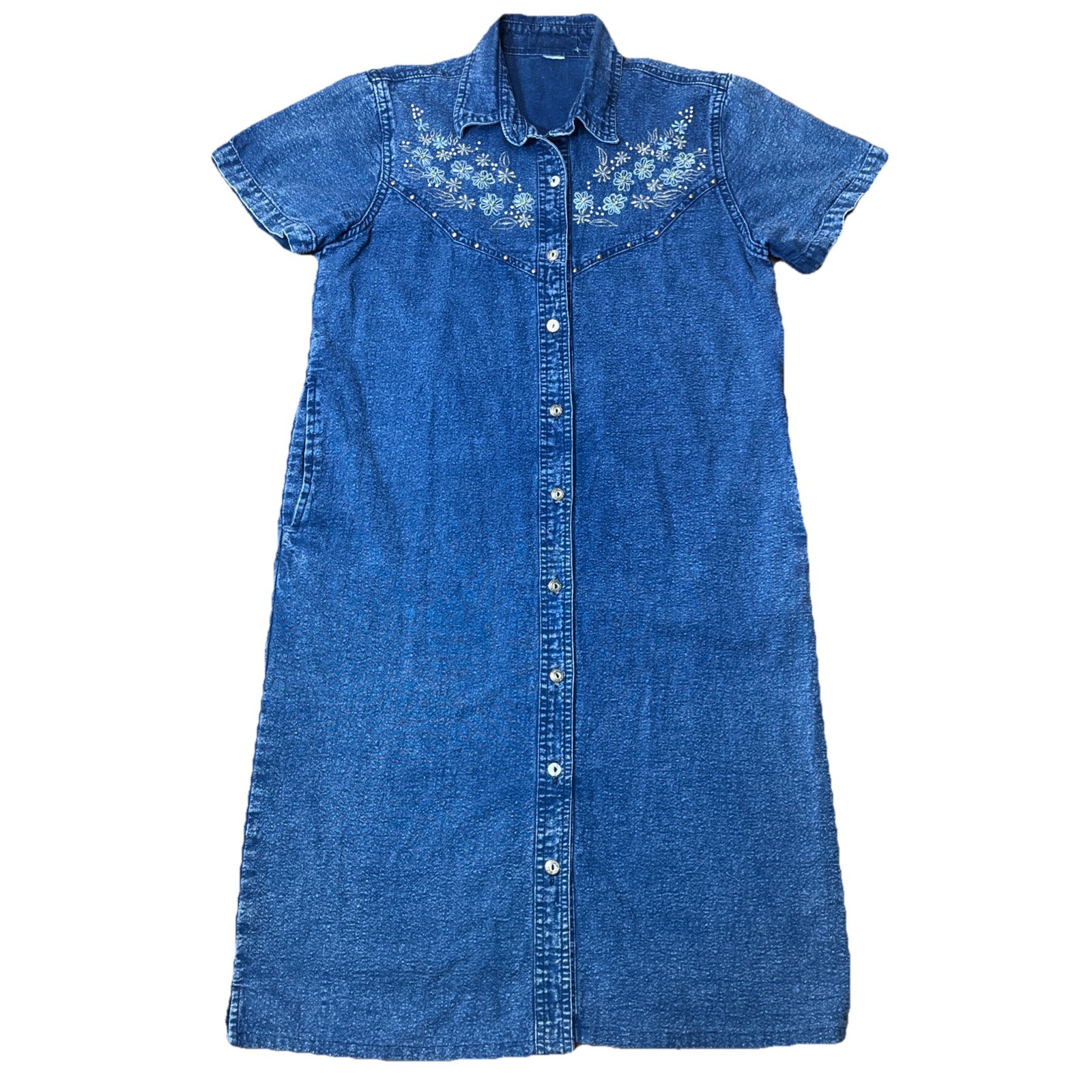 JANE ASHLEY Denim Dress M/L Pockets Floral Embroidered Cottage Peasant 90s VTG