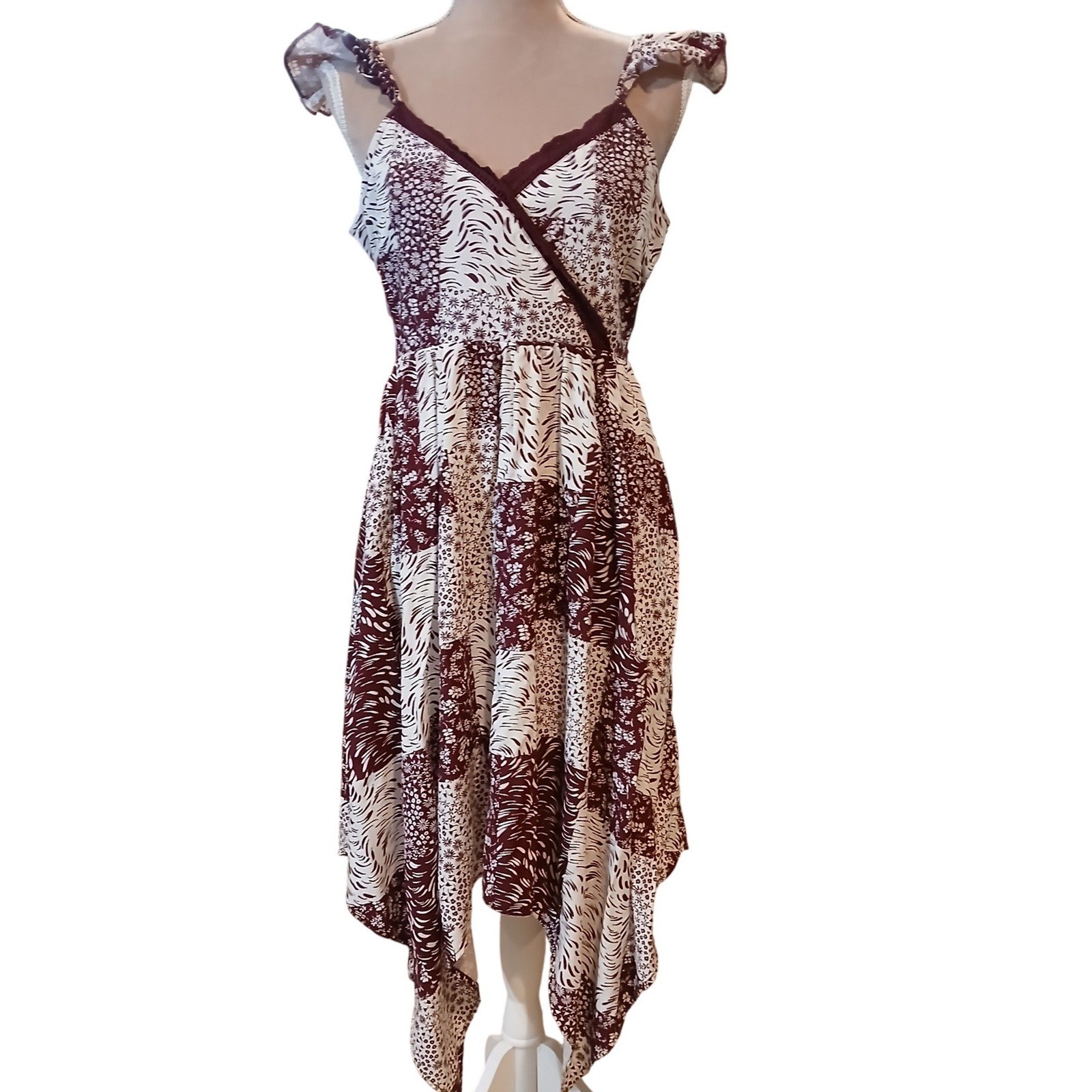 Burgundy Medium Cream Patchwork Handkerchief Hem Midi Dress Ruffle Strap Lace T