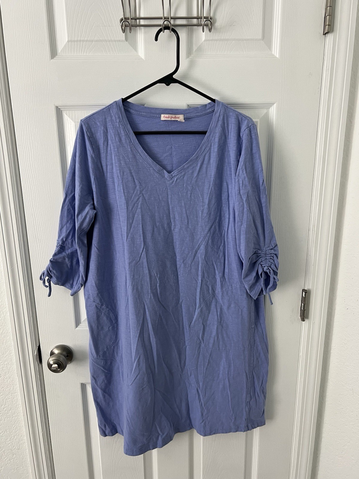 Fresh Produce Blue Purple Dress 100% Cotton 3/4 Sleeve Pockets Plus Size Large