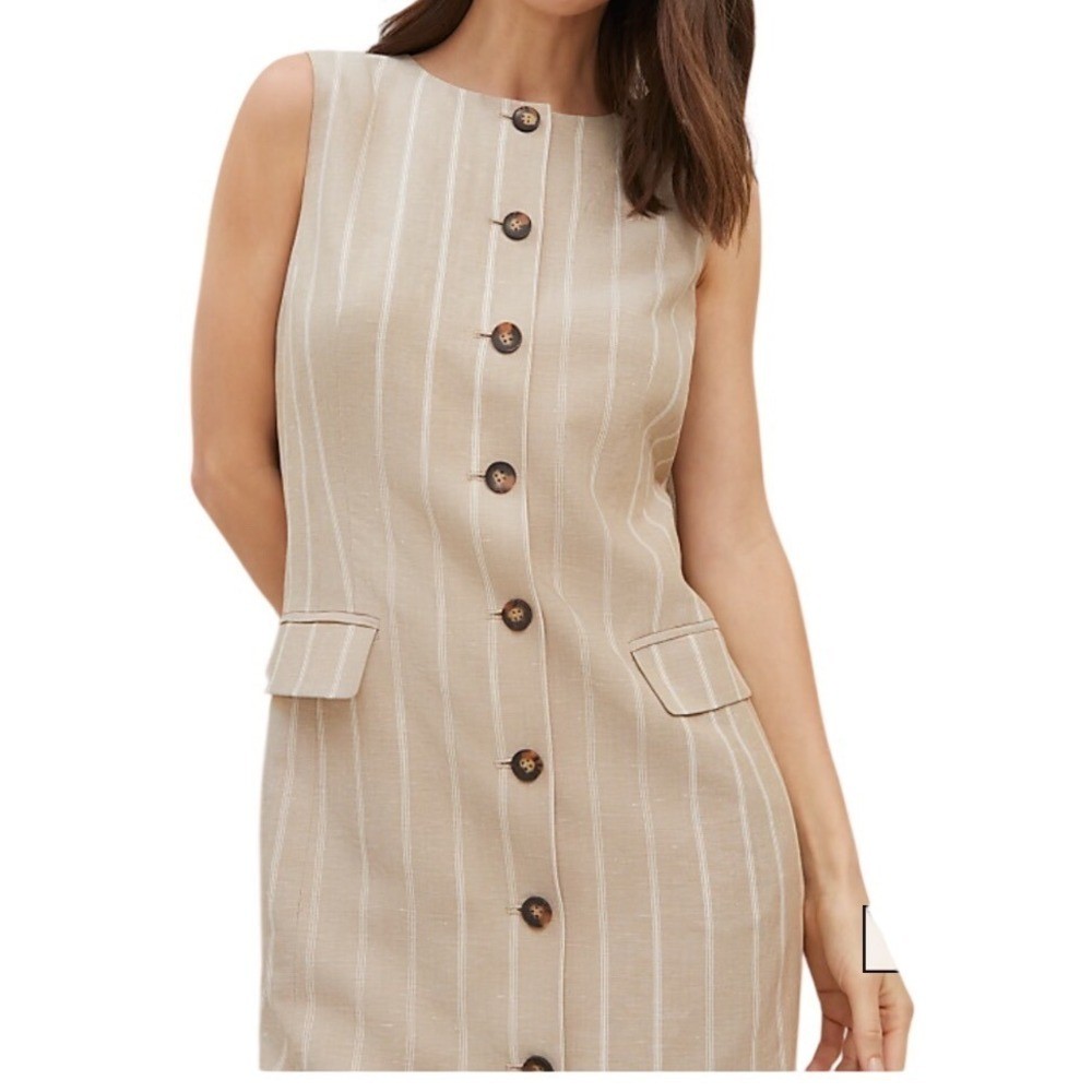 Ann Taylor Tan Striped Linen Blend Button Front Shift Dress 8P Womens Petite