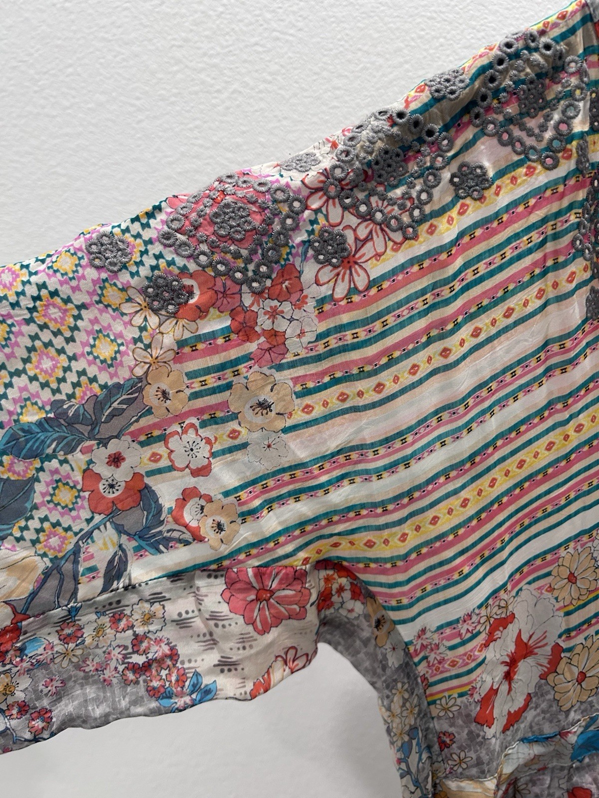 Johnny Was Patchwork Floral Silk Blend Dress Size S Boho Eyelet Detail