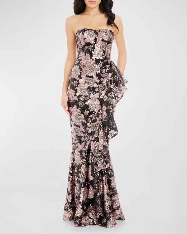 Dress The Population jona strapless floral sequin mermaid gown SZ XXL XXS XS