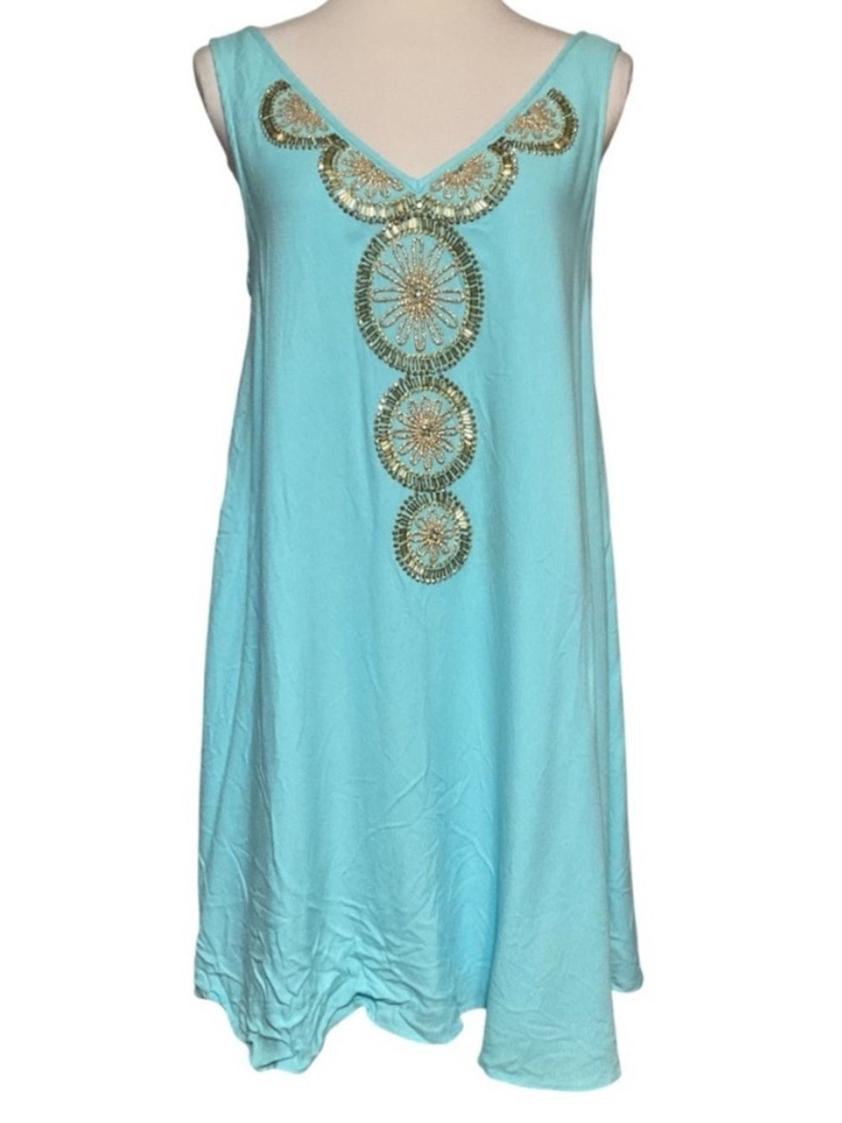 Lilly Pulitzer Mint Green Serene Blue Shift Fia Dress Gold bead embellishment S