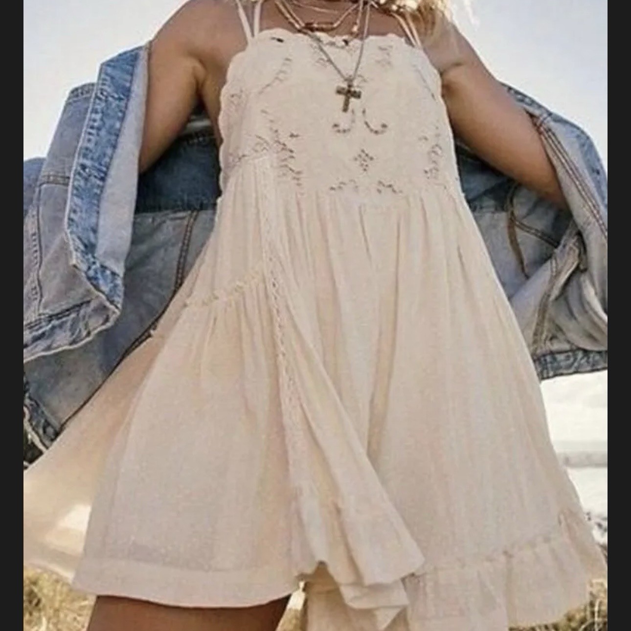 Free People Bali Ray of Sunshine Romper XS Linen*Boho Embroidered Lace Swiss Dot