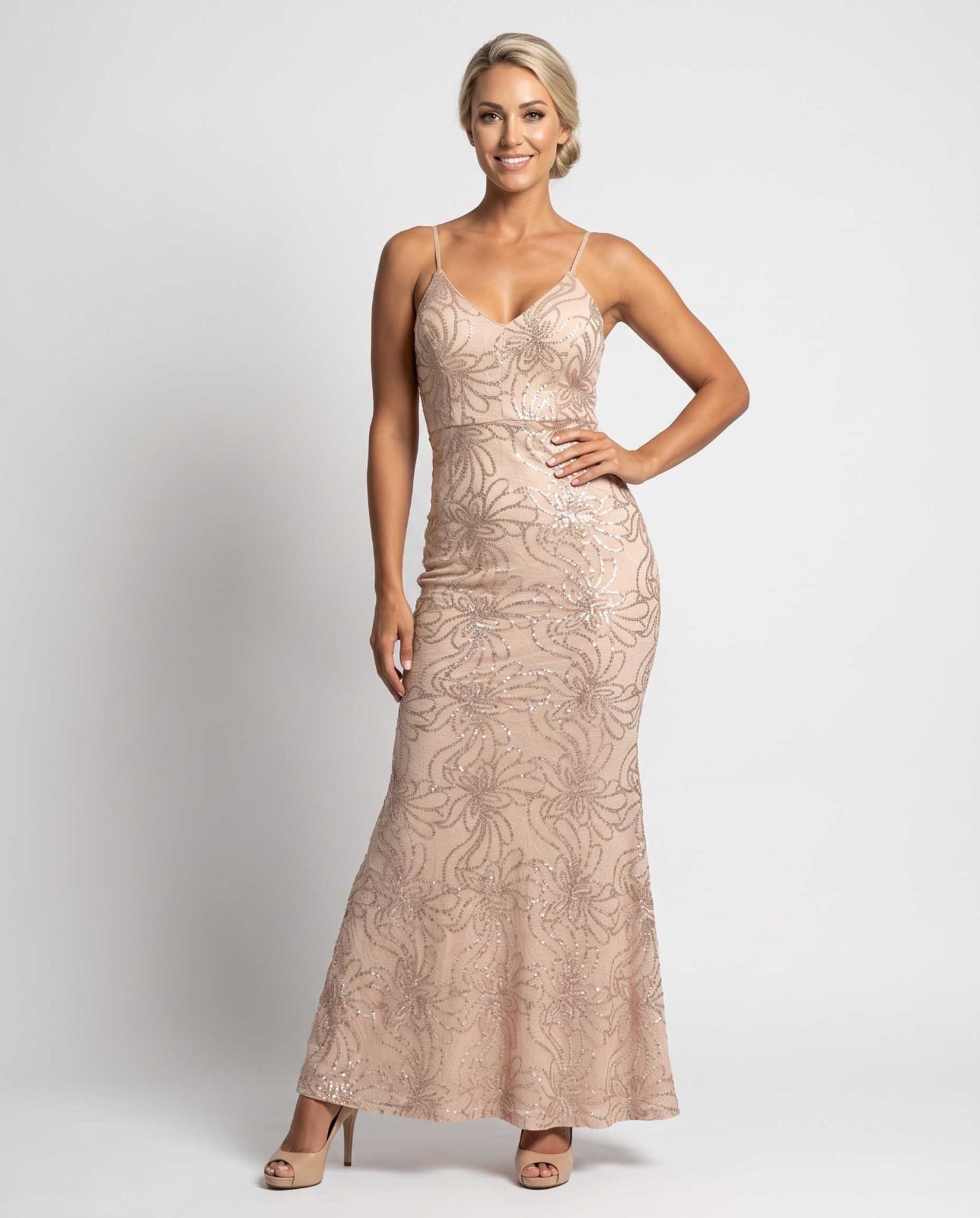 INA Women’s Sleeveless Gown Maxi Dress mermaid hem sequins matte gold