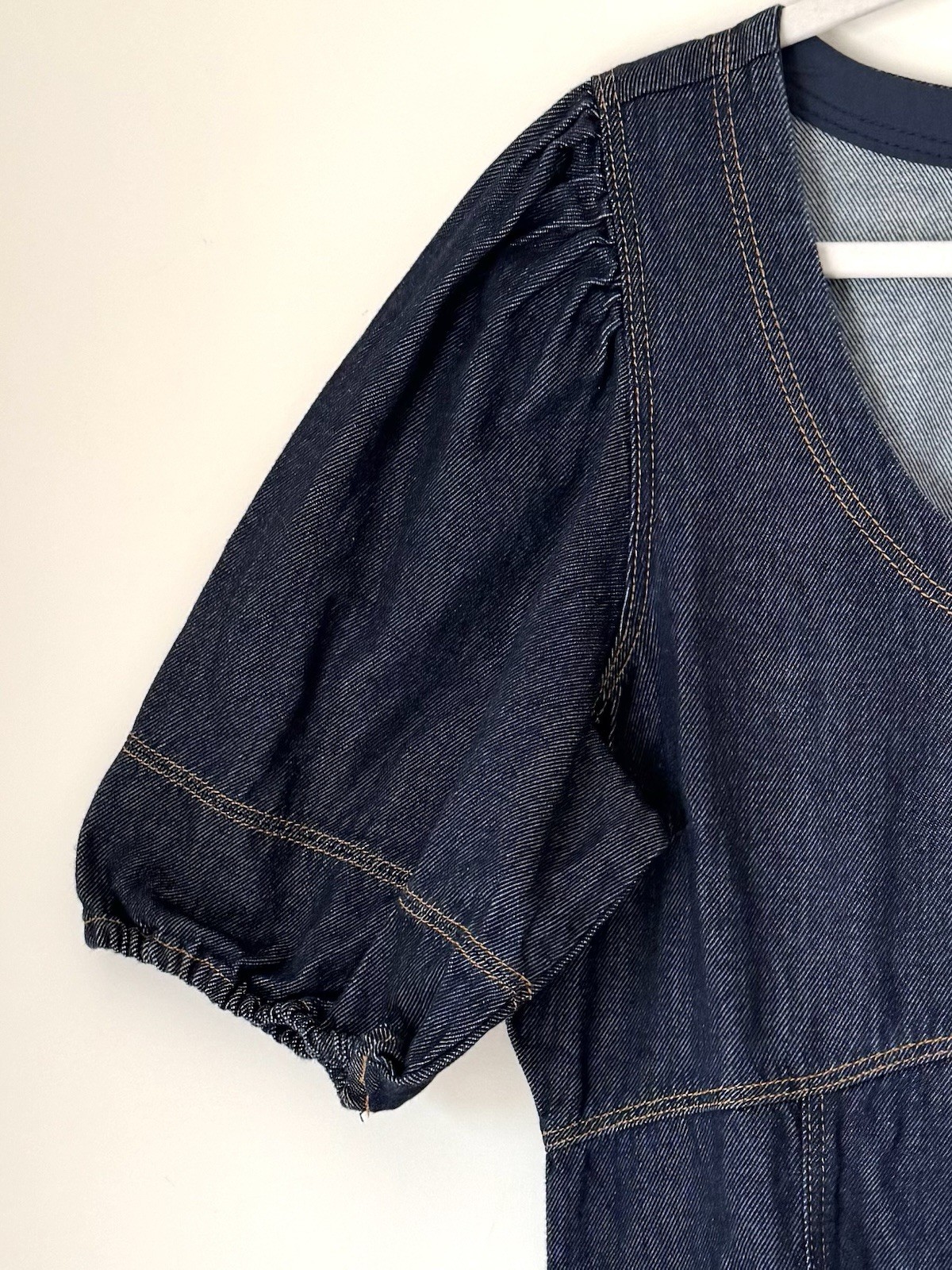 LOFT Denim Swing Mini Dress Sz 14 Puff Short Sleeves Dark Wash Fit N Flare NWT
