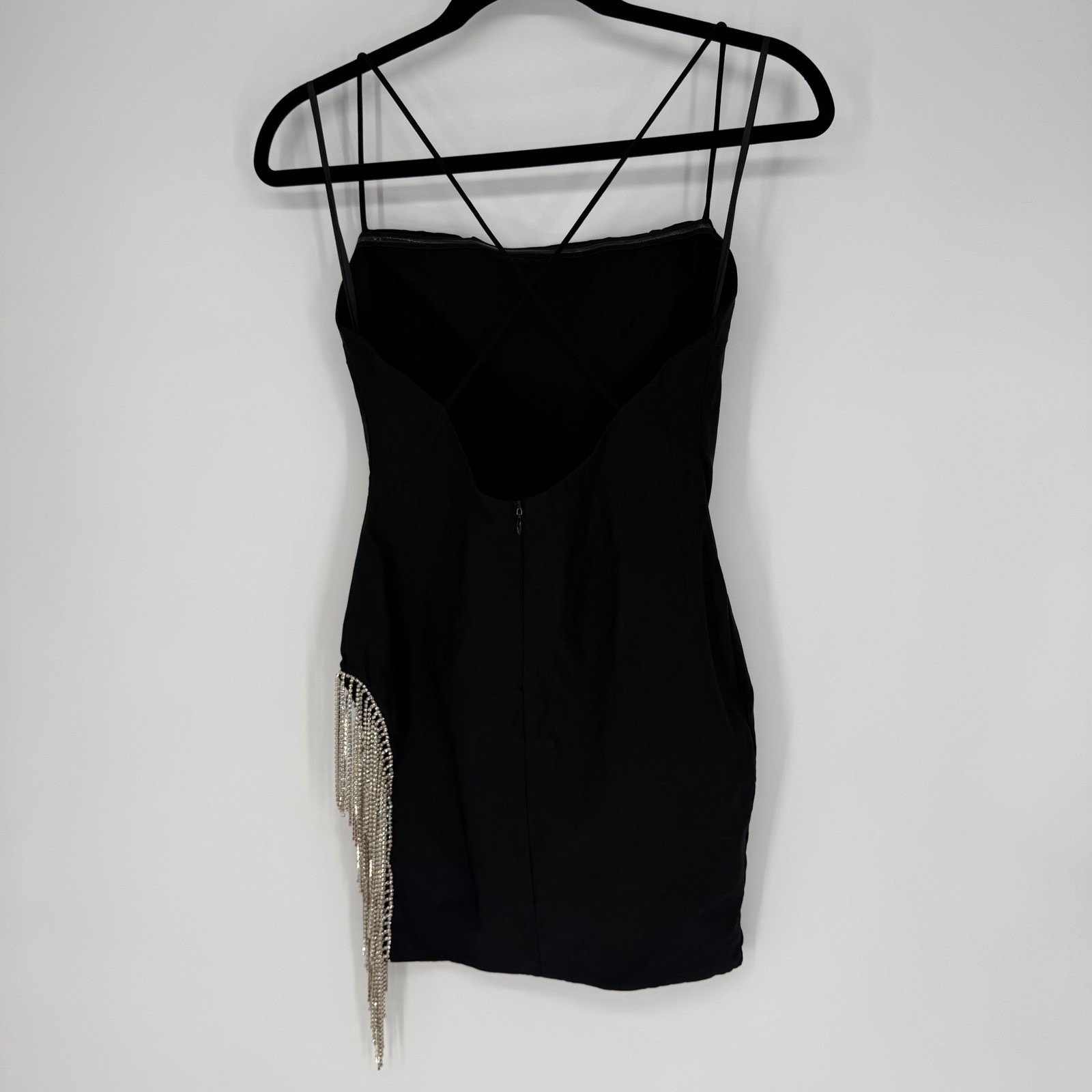 WHITE FOX COME BACK MINI DRESS MEDIUM NWT RHINESTONE FRINGE SIDE SLIT FLIRTY