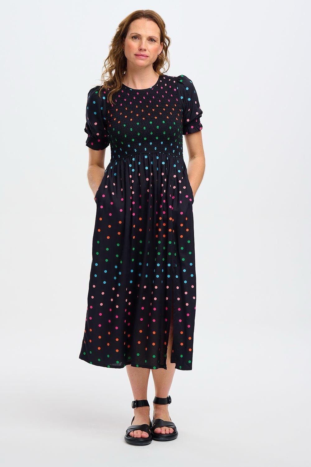 Sugarhill Brighton Rosita Size 8 Shirred Midi Dress – Navy Rainbow Polka Dot