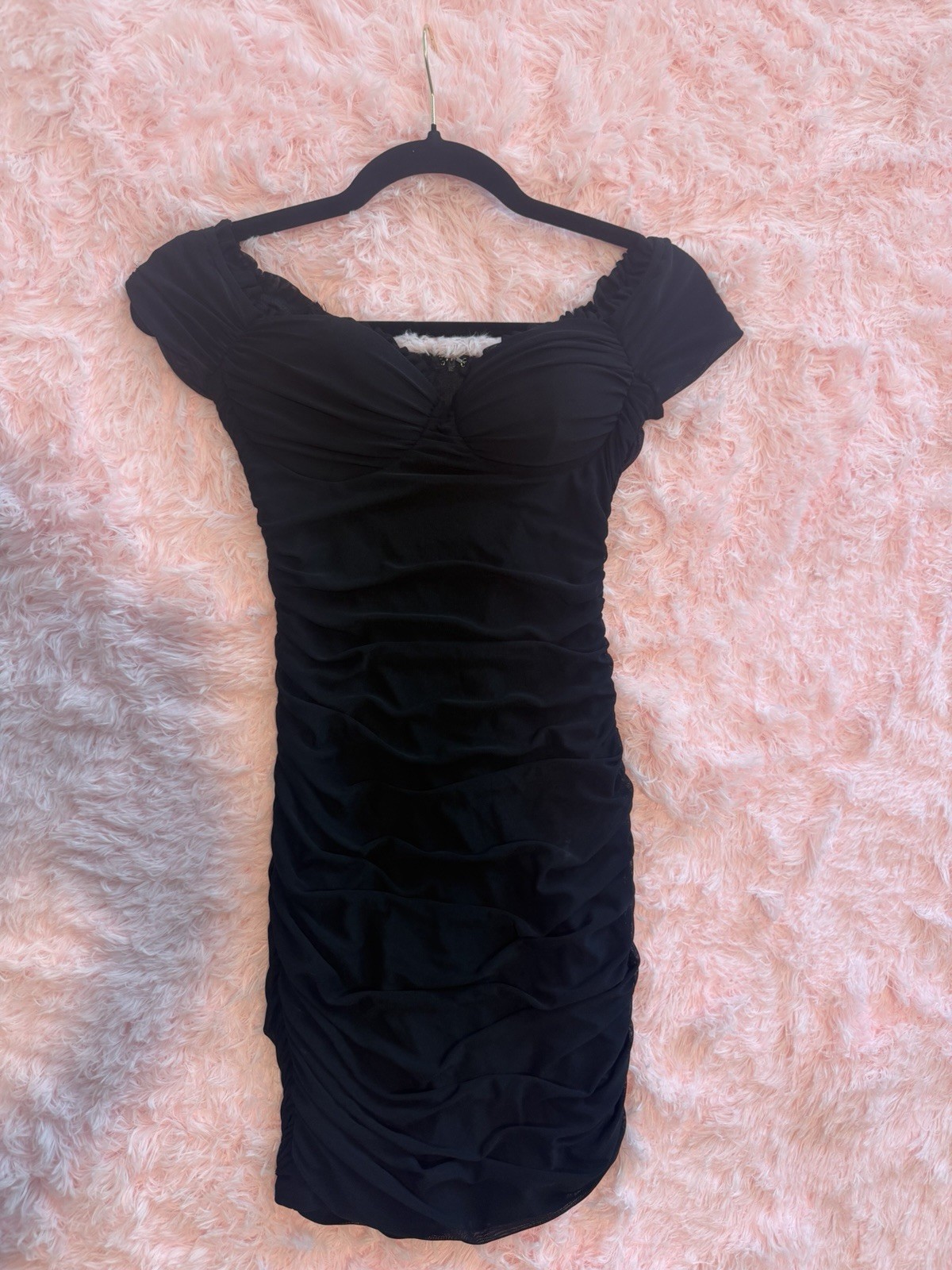 Windsor Black Ruched Mesh Off Shoulder Bodycon Mini Dress Sweetheart Size S