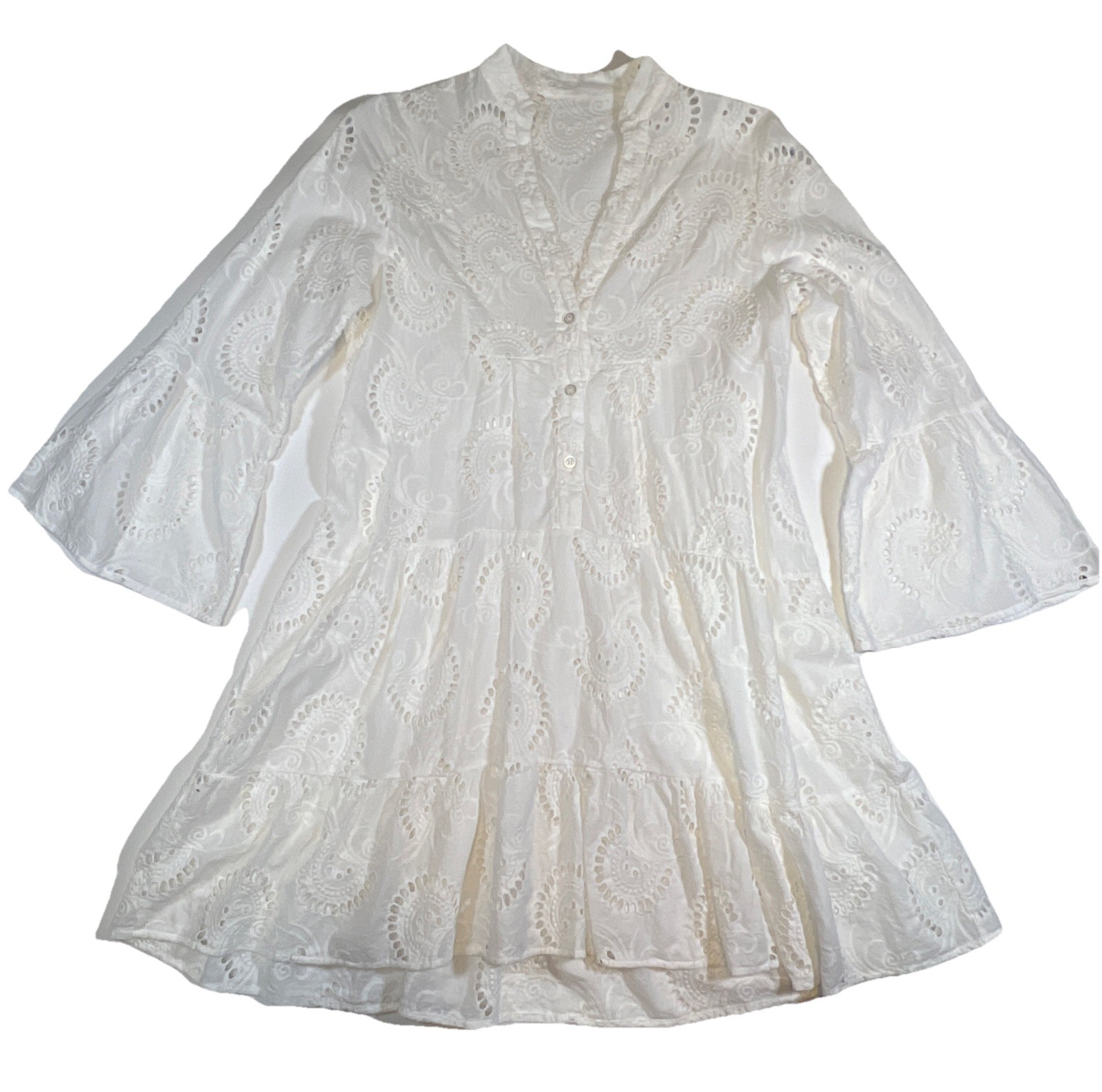 White embroidered eyelet Tiered Dress Bell Sleeves Boho Cottage-core Romantic SM