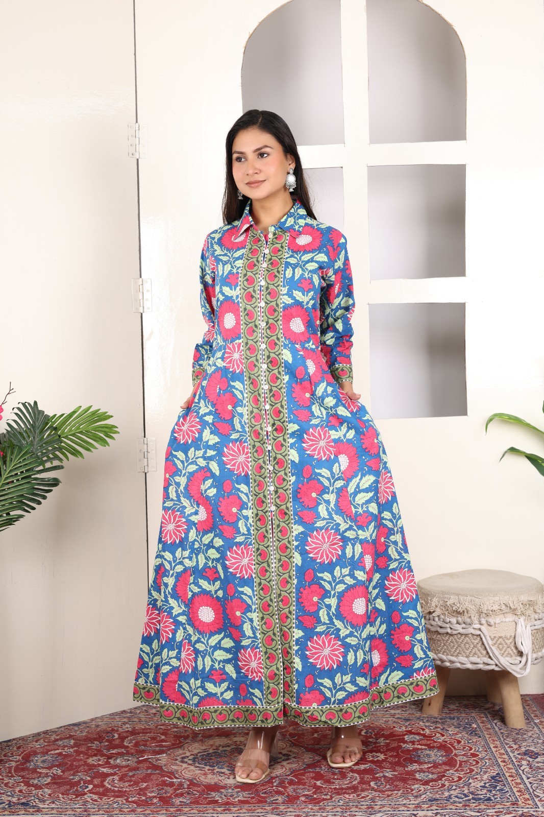 Hand Block Printed Cotton Dress, Floral Print Women Long Dress, Summer Dresses