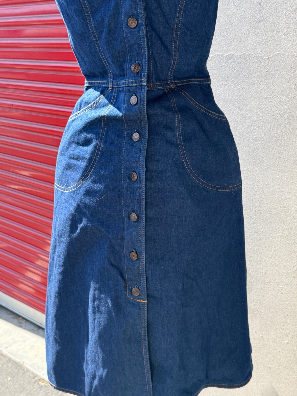 Vintage 70s Levis Denim Sundress Fitted Button Front Dress Brass Buckle In Back