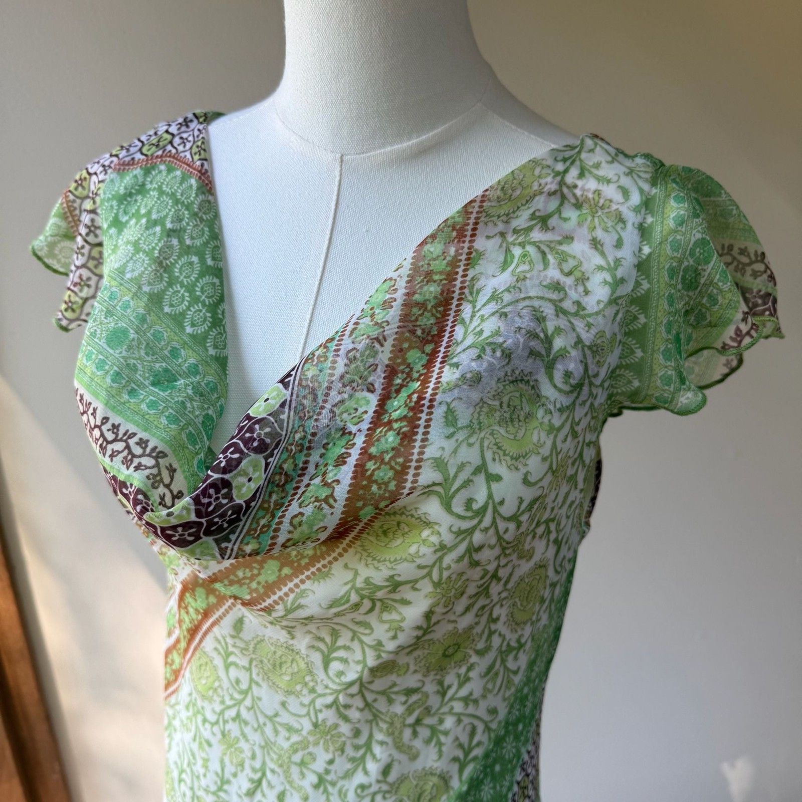 Vintage B. Smart Y2K Green Paisley Floral Flutter Sleeve Midi Dress