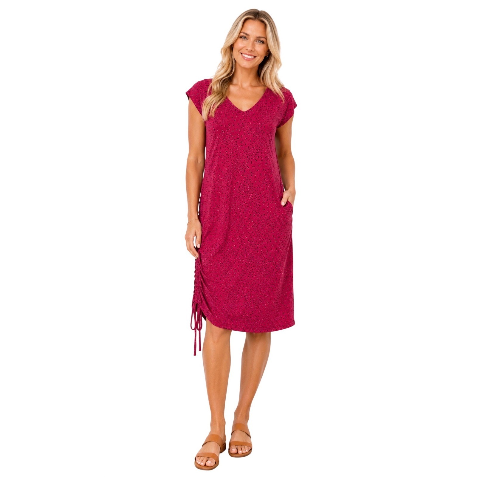 Toad&Co Roseberry Dress XL Pink Leaf Print Ruched Side Organic Cotton Modal Midi